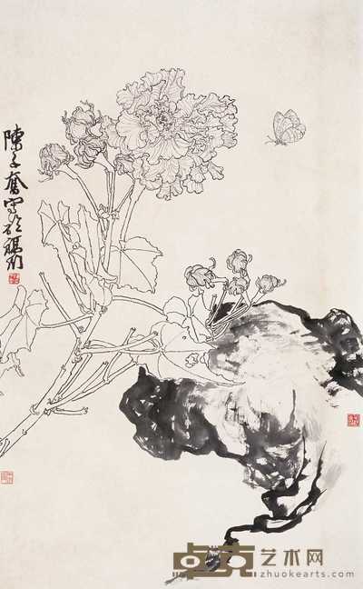 陈子奋 粉蝶芙蓉 镜心 67×41cm